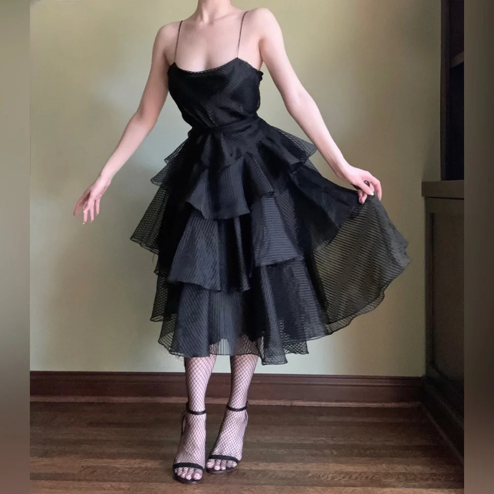 Wednesday Dress, Tiered Ruffled Formal Gown, Tea Length, Goth Prom Dress - Picture 5 of 14